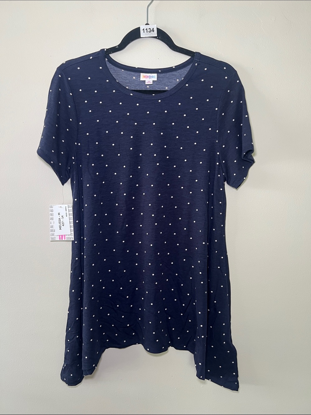 LuLaRoe Melissa Navy Short Sleeve Polka Dot Tunic Top